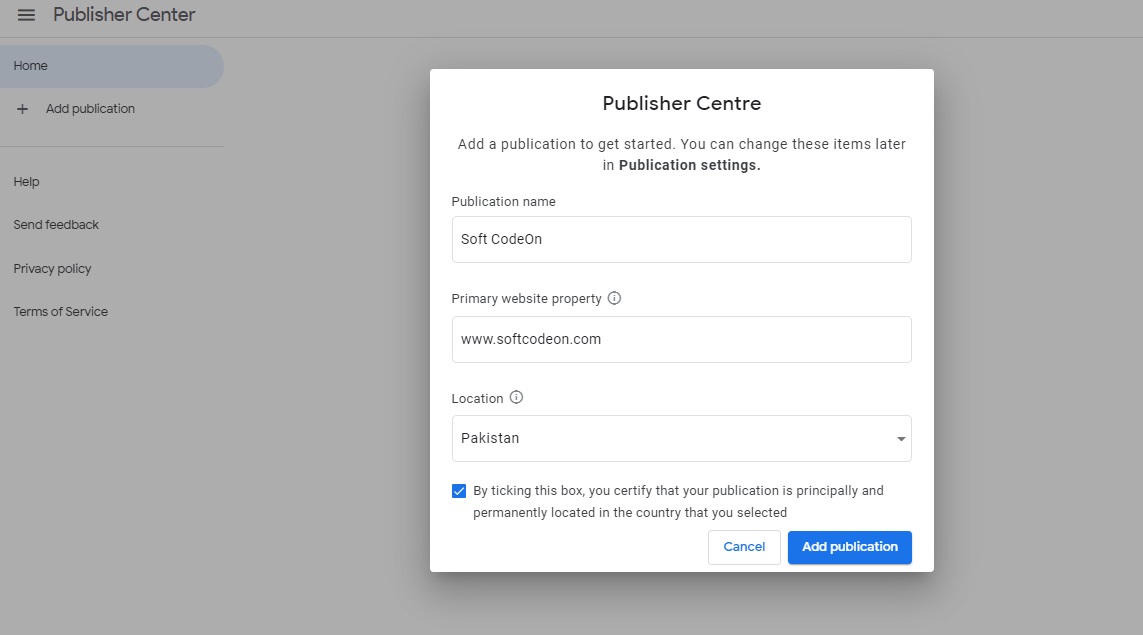 Google news Publication settings